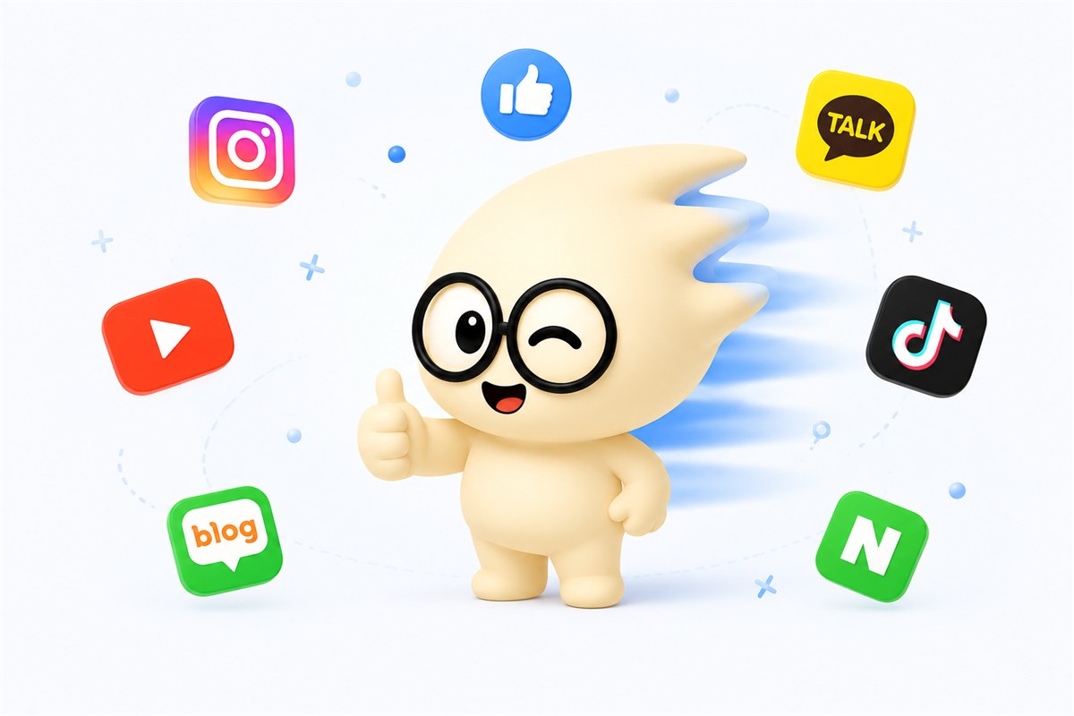SNS 아이콘에 둘러싸여 엄지를 든 단번이 캐릭터